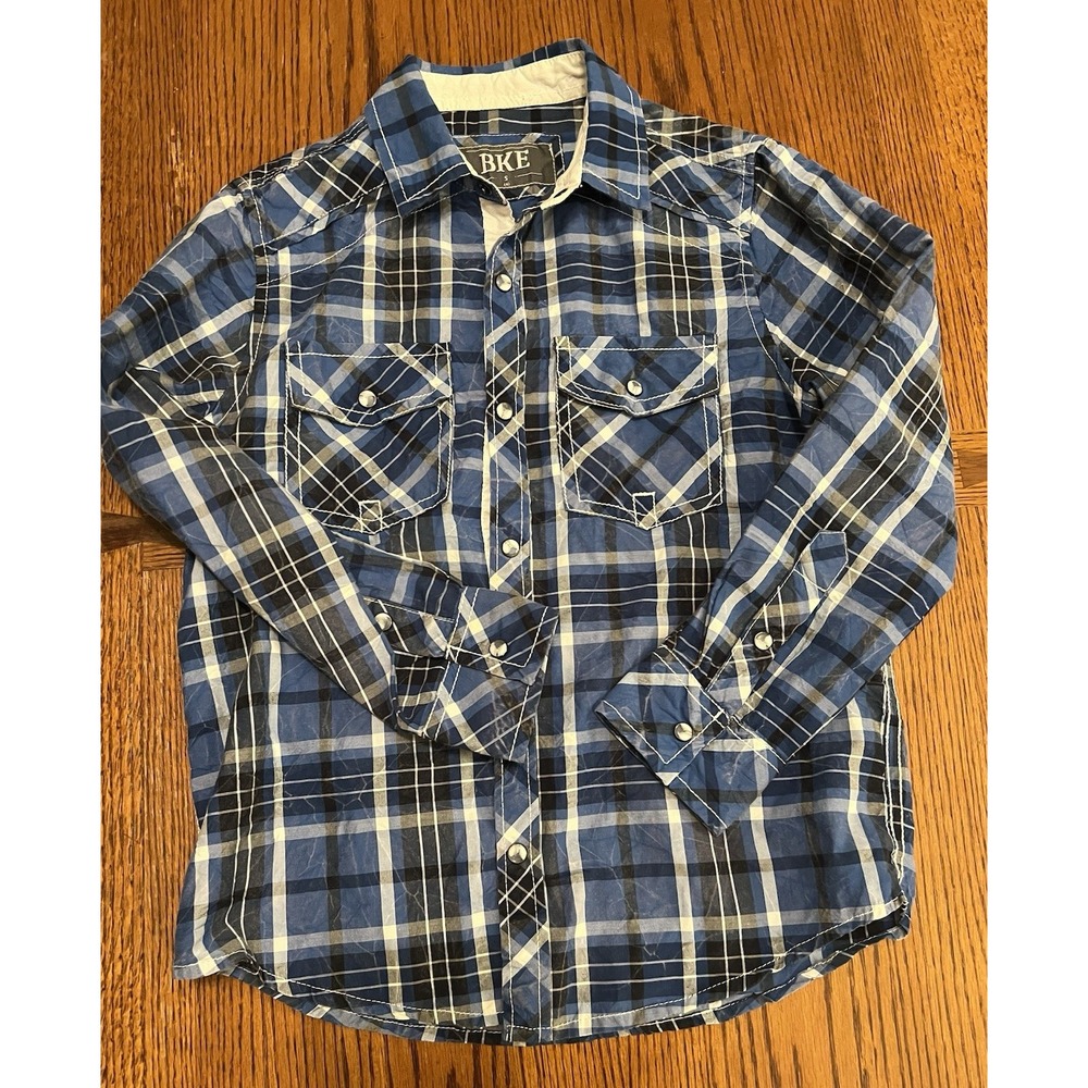 BKE The Buckle Youth Boys Longsleeve Button Shirt S (8) Blue/Black/White
